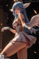 Anime girl with blue hair and angel wings posing for a picture.