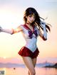 A woman in a sailor outfit standing on a beach.