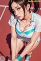 A woman in a white shirt and blue shorts crouching on a tennis court.