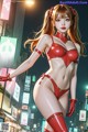 A woman in a red bikini standing in the middle of a city.