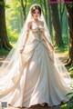 A woman in a wedding dress standing in the woods.