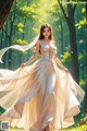 A woman in a long white dress walking through a forest.