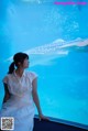 A woman in a white dress looking at a whale shark.